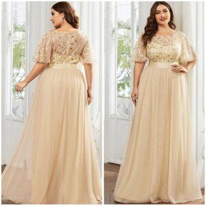 Formal Floor-length Gold Dress w/ Sequin Leaf Embroidery Size 20